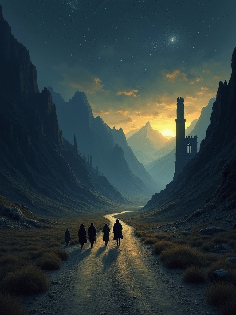 Five silhouetted travellers walking a pale road through dark mountains toward a distant golden light